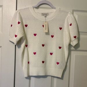 Embroidered Sweater Tee - White with Pink Hearts